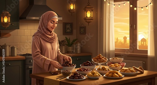 Woman in hijab arranging dates for iftar during Ramadan in a warmly lit kitchen with city view at sunset