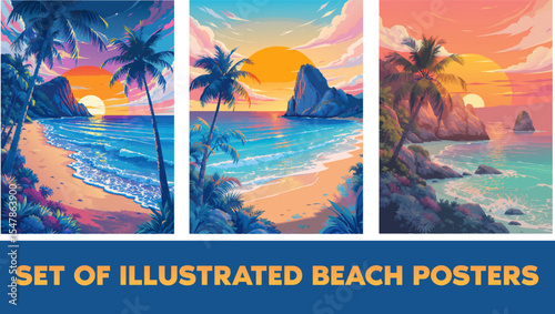set of illustrated beach posters flyer prints eps vector
