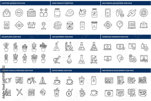 Line art icons of various subjects, including location services, houseplants, food products, lab equipment, multimedia applications, download managers, creative tools, coffee drinks, and web design.