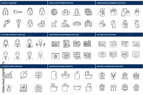 Collection of various line art icons for different topics.
