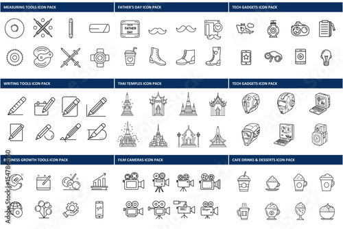 Collection of outline icons, depicting various themes like measuring tools, Father's Day, writing utensils, business growth, Thai temples, technology gadgets, film cameras, and cafe drinks.