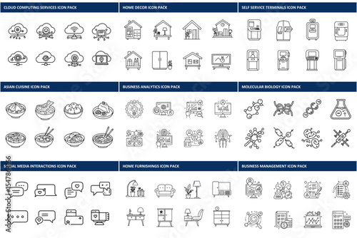 Line art icons: cloud computing, home decor, self-service terminals, Asian cuisine, analytics, molecular biology, social media.