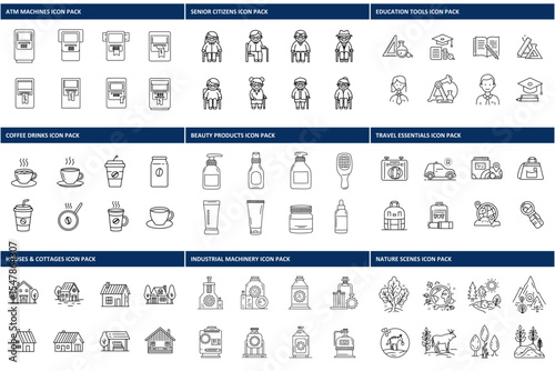 Line art icons depicting various subjects in diverse settings.