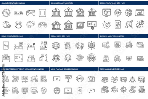 Collection of various outline icons, categorized by topic, in a business/personal context. Simple line art designs, suitable for presentations, websites, or applications.