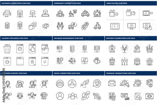 Line art icons for various business services in a variety of categories. Collection of technical and lifestyle related icons displayed in a grid format.
