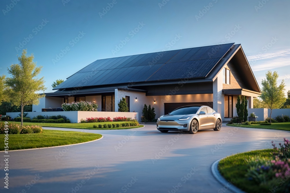 Eco-home with solar energy panels on pitched roof and pathway lawn, renewable power source
Eco-home with solar energy panels on pitched roof and pathway lawn, renewable power source