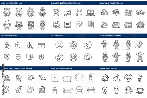 Collection of various outline icons depicting creatures, educational tools, houses, space explorers, drinks, home furnishings, and food items. Icons of diverse topics across a range of categories.