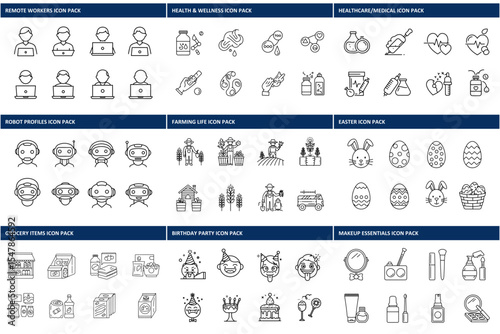 Line art icons depicting various subjects in a diverse range of settings. Collection of simple, outline icons for remote workers, healthcare, farming, Easter, grocery, birthday party, and makeup.