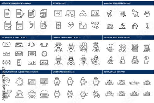 Collection of outline icons featuring various topics and themes. Collection of diverse, linear icons in a range of categories.