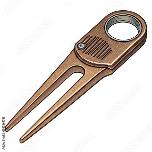 A wooden golf divot tool with a built-in ball marker, designed for repairing turf on the golf course.