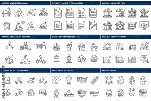 Line art icons of various business and celebratory themes. A diverse collection of simple, outlined graphics for different business and celebratory purposes.