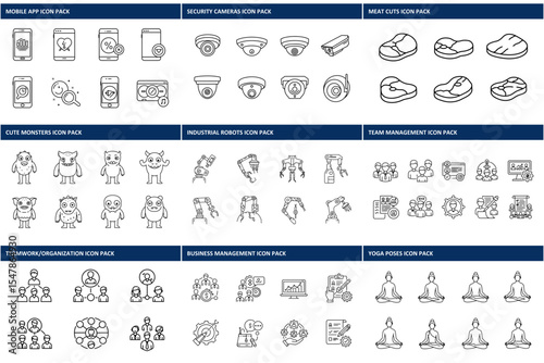 Line art icons of various themes, featuring mobile apps, cute monsters, security cameras, meat cuts, industrial robots, team management, teamwork/organization, business management, and yoga poses.