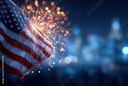 A US flag is positioned near golden sparksbokeh lights with a blurred city backdrop