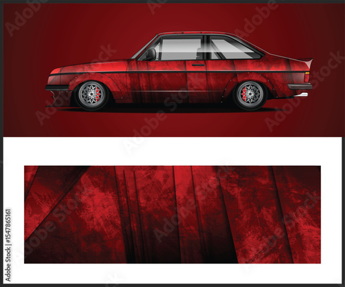 Red Custom Car Illustration with Matching Abstract Background Design Element