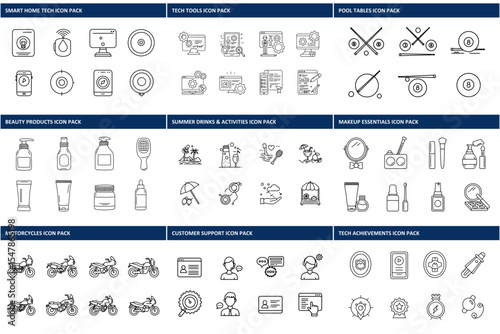 Line art icons of various subjects in different categories