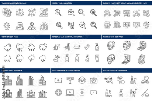 Line art icons depicting various business, personal care, technology, city, video playback, and makeup items. Collection of simple, graphic elements.