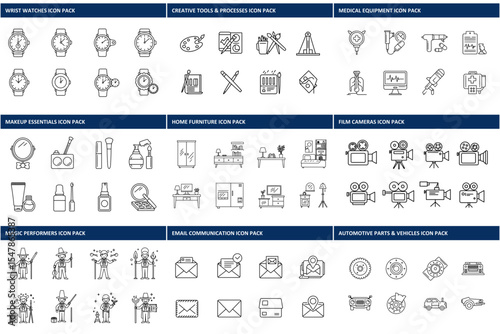 Line art icons representing various everyday objects and activities.