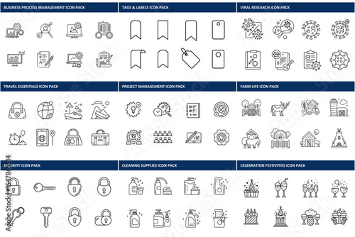 Business process management icons in a collection of line art. Simple, flat icons for a variety of professional uses. A comprehensive collection for organizational planning.
