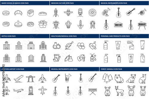 Line art icons of baked goods, Mexican culture, hotels, healthcare, musical instruments, personal care products, airports, and forest animals.