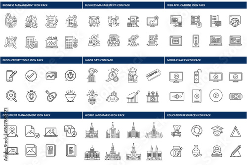 Business management icons in a collection with productivity, labor day, web applications, media players, document management, world landmarks, and education icons.