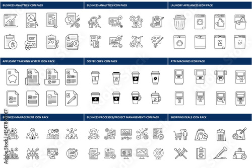 Line art icons depicting various business, finance, and retail concepts in a modern design.