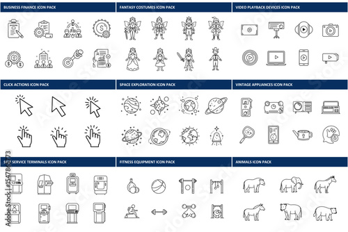 Line art icons of various subjects, presented in different categories.