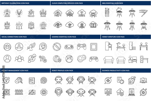 Line art icons for various thematic categories in a design template. Collection of simple, editable black and white icons on a white background.