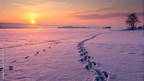Footprints in snow at sunset winter landscape