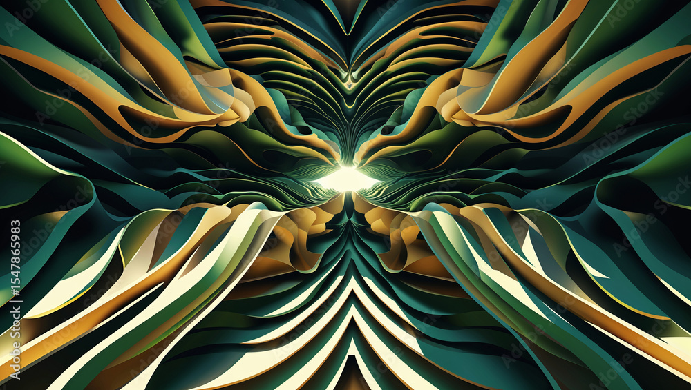custom made wallpaper toronto digitalAbstract flowing layered organic shapes in teal green and gold hues evoking a sense of depth and texture.