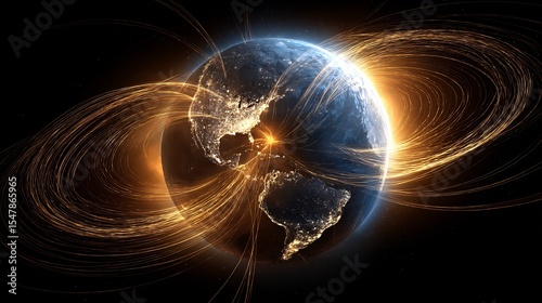 a beautiful, artistic illustration of the Earth's magnetic field, visualized as elegant, glowing lines of force enveloping the planet and protecting it from solar winds