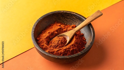 Spicy paprika powder in wooden bowl with spoon