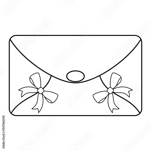 Elegant Gift Envelope with Decorative Bows Outline Vector Illustration. A refined rectangular envelope drawing with uniform stroke weight and softly rounded corners.