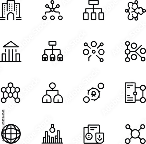 Modern Business and Technology Line Icons Set for Networking, Organization, and Global Connectivity Design
