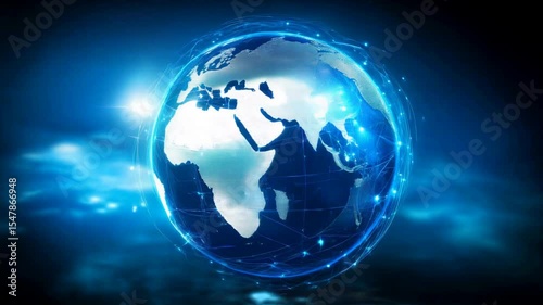 Looped motion rotating globe in blue tones with lines of force fields and data streams. Technological endless moving background.