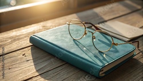 Teal notebook and gold glasses in sunlight