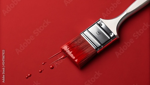 Red paintbrush with dripping red paint on red background