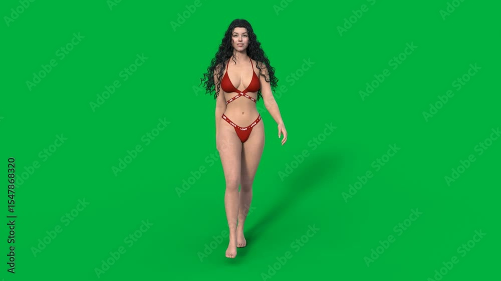 3D rendered animation of a beautiful brunette woman walking towards the camera wearing a red bikini swimsuit on green screen. 