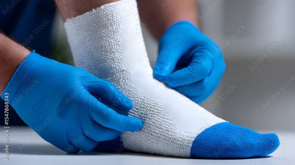 Fototapeta premium A healthcare professional applying a bandage to provide medical treatment and care.