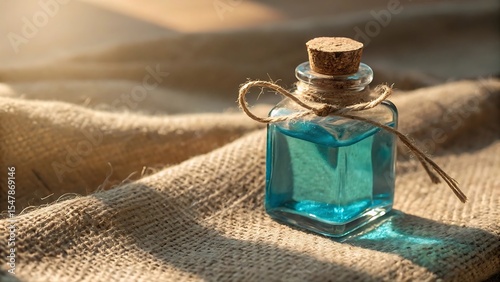 Blue liquid in glass bottle on burlap fabric