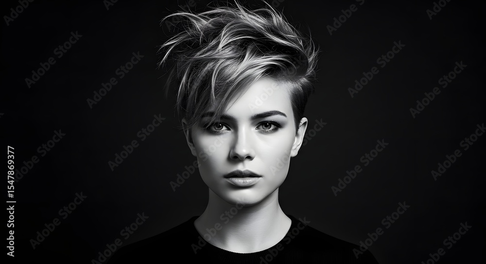 Pixie cut hair. Close-up black and white photo of model with textured short hair and piercing gaze Pixie cut hair. Close-up black and white photo of model with textured short hair and piercing gaze