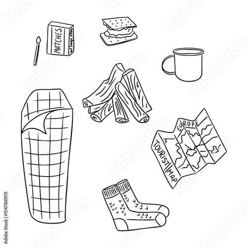 Camping essentials hand drawn in doodle style including sleeping bag, firewood, mug and map. Concept of outdoor adventure, hiking preparation and survival tools