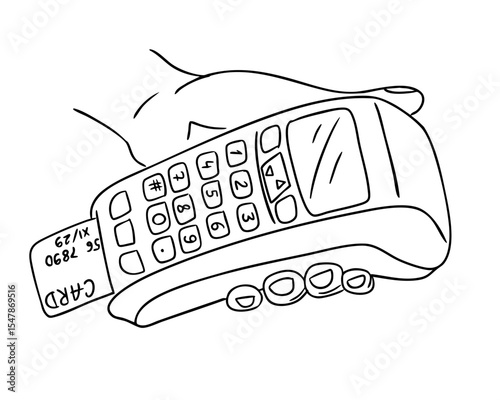Hand holding a wireless payment terminal with inserted credit card drawn in doodle style. Concept of modern transactions, electronic payments and financial technology
