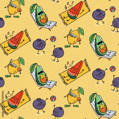 Seamless pattern with cute summer fruits like avocado, lemon, blueberry and watermelon in kawaii style. Concept of playful food characters, tropical vacation and cheerful design