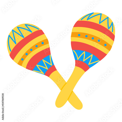 Colorful hand drawn maracas with tribal patterns in bright festive colors. Concept of Latin music, cultural celebration and rhythmic entertainment