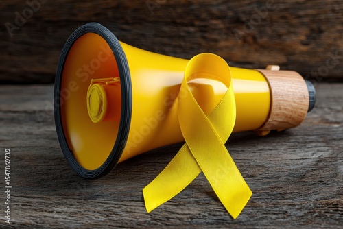 A yellow ribbon sits against a yellow bullhorn atop a dark wooden surface