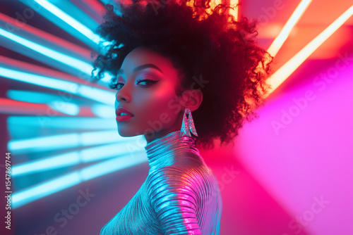 Fashionable Model in High-Gloss Silver Attire with Avant-Garde Hairstyle and Jewelry, Standing in a Clean Neon-Lit Studio Setting with Futuristic Aesthetics.