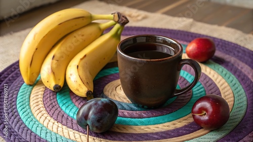 Dark mug of tea with bananas and plums