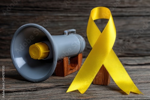 A yellow ribbon stands next to a gray megaphone on a rustic wooden surface