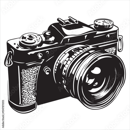 Camera silhouette vector art illustration, DSLR camera black silhouette vector, Simple silhouette Design vector icon with white background, A sleek, black silhouette of a DSLR/SLR camera