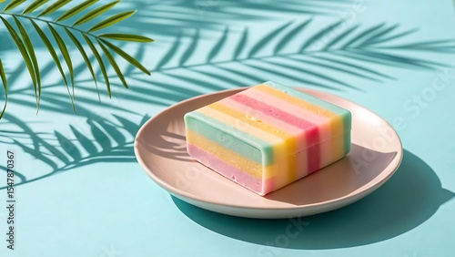 Pastel rainbow soap on plate with palm leaf shadow